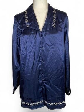 Vintage 70s 80s Inner Most Size XL Embroidered Sleep Wear Top Blouse Navy White